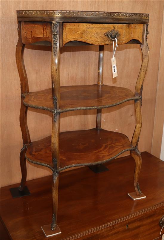 A French marquetry inlaid three tier etagere H.82cm